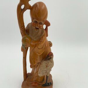Vintage Hand Carved Wood Statue Chinese Shou Lao God of Longevity 10"